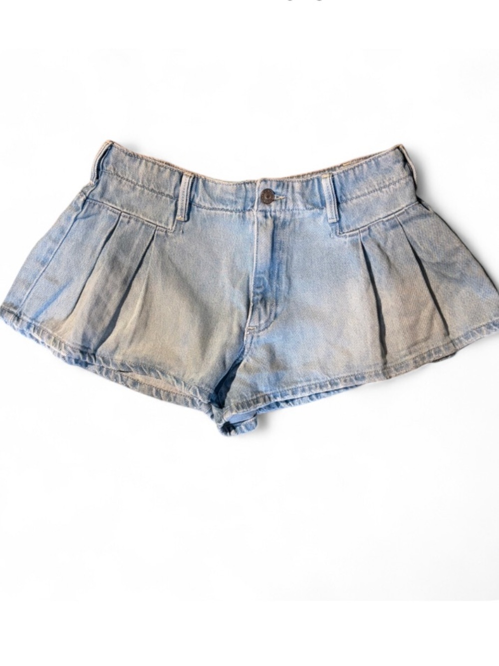 Baykan Denim Pleated Micro Mini Skort Shorts Light Wash